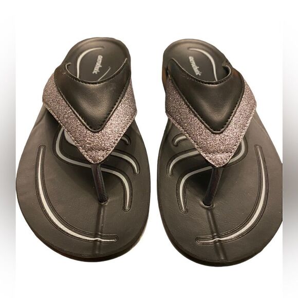 Aerothotic NWOT 38/8 Black Silver Glitter Trim Arch Support Orthotic Sandals - Picture 3 of 5